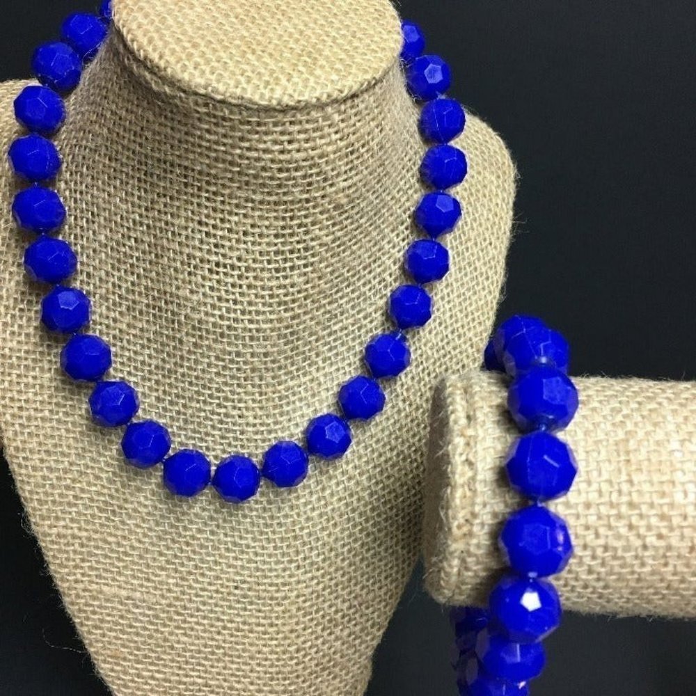 VTG Pop Bead Necklace Bracelet Primary Blue Faceted Adjustable Retro